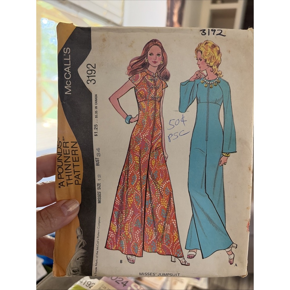 70s McCalls 3192 Jumpsuit Sewing Pattern Wide Leg Bell Sleeve Sz 12 B34 Uncut